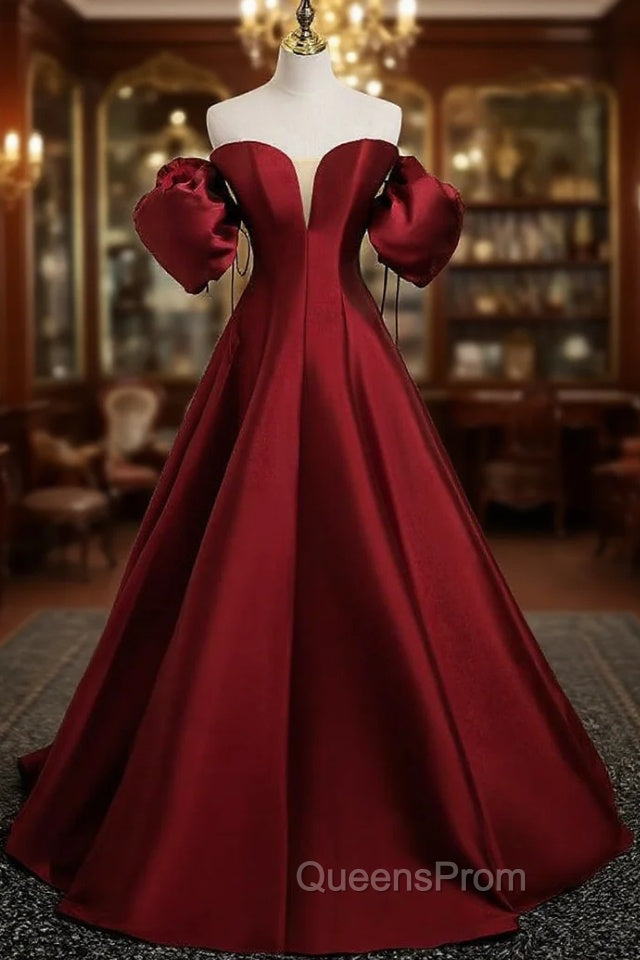 Burgundy Satin Strapless Puff Sleeve Evening Prom Dress