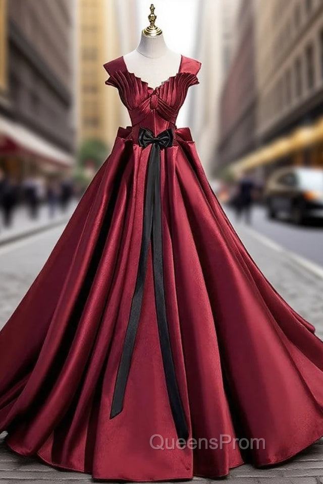 Burgundy Satin Strapls Pleats Evening Prom Dress With Bow Main image