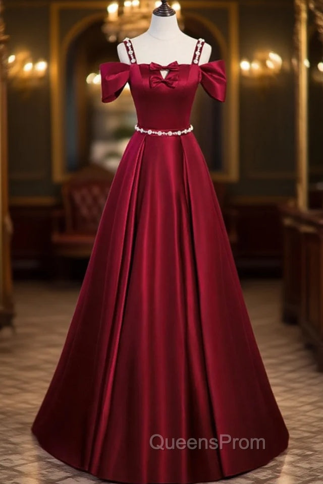 Burgundy Satin Straps Bow Evening Prom Dress Main image