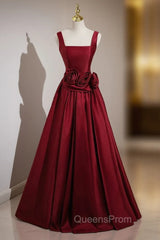 Burgundy Satin Straps Flower Evening Prom Dress