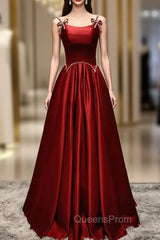 Burgundy Satin Straps Pearls Evening Prom Dress