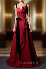 Burgundy Satin Straps Pleats Black Velvet Evening Prom Dress
