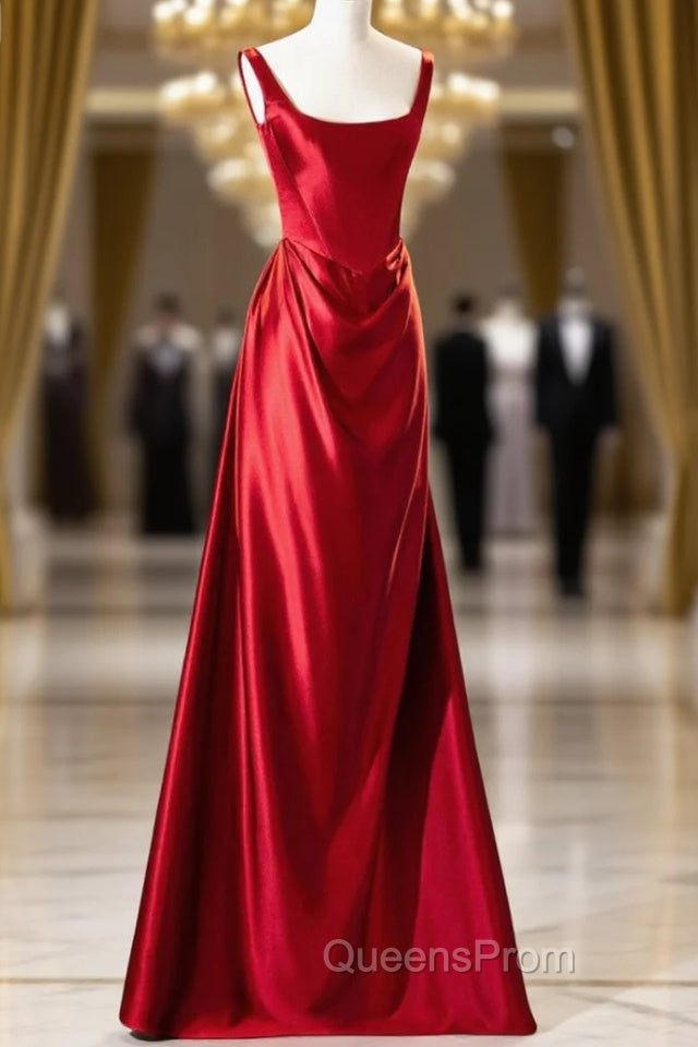 Burgundy Satin Straps Pleats Evening Prom Dress