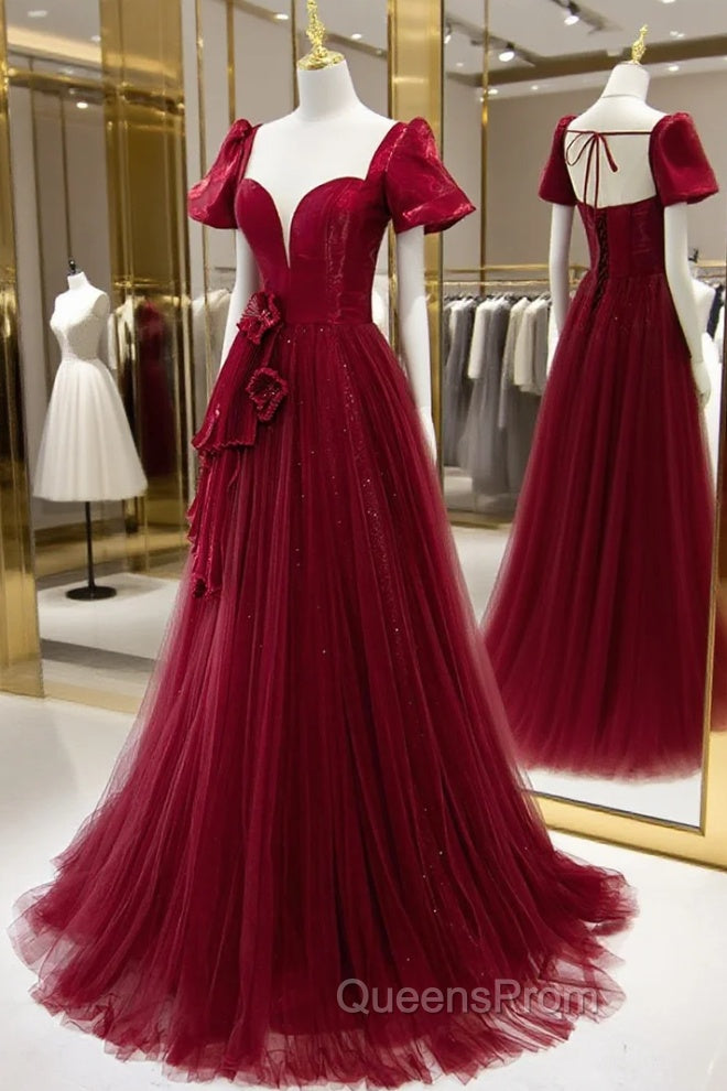 Burgundy Satin Tulle Long Evening Prom Dress, A-Line Short Sleeve Evening Party Dress Secondary image