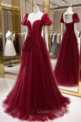 Burgundy Satin Tulle Long Evening Prom Dress, A-Line Short Sleeve Evening Party Dress