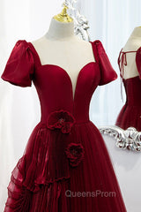 Burgundy Satin Tulle Long Evening Prom Dress, A-Line Short Sleeve Evening Party Dress