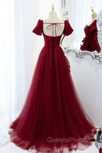 Burgundy Satin Tulle Long Evening Prom Dress, A-Line Short Sleeve Evening Party Dress