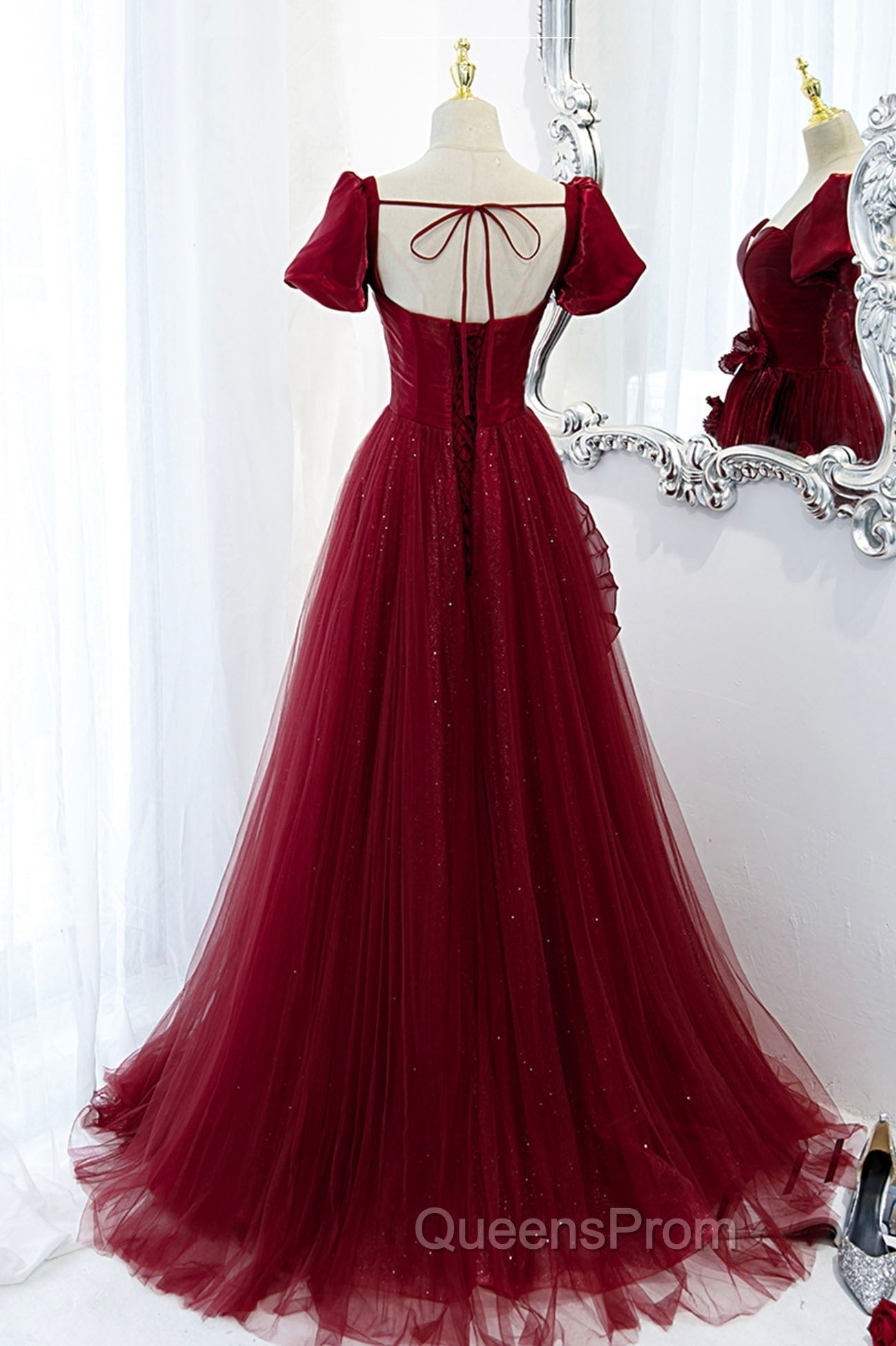 Burgundy Satin Tulle Long Evening Prom Dress, A-Line Short Sleeve Evening Party Dress