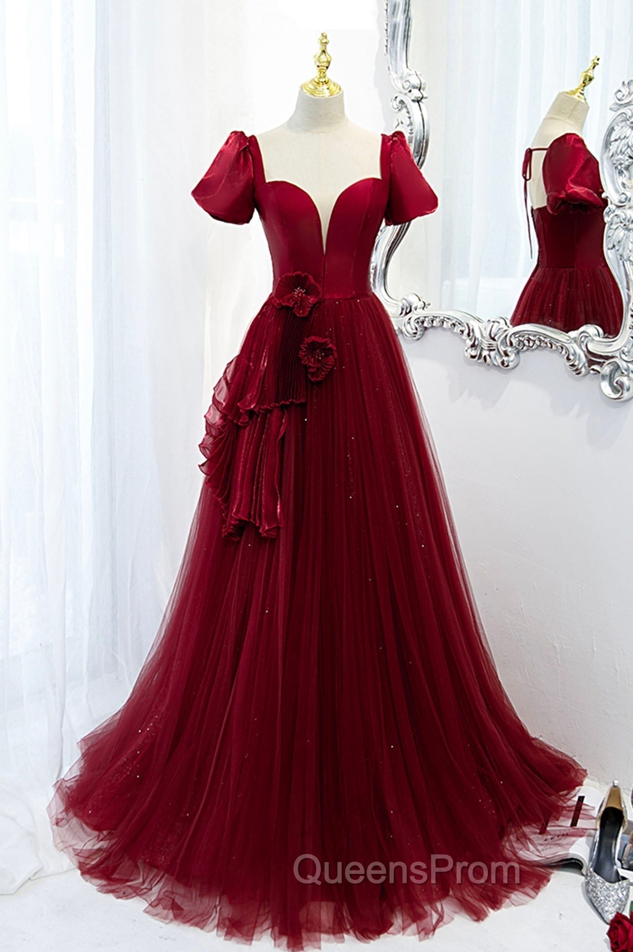 Burgundy Satin Tulle Long Evening Prom Dress, A-Line Short Sleeve Evening Party Dress Main image