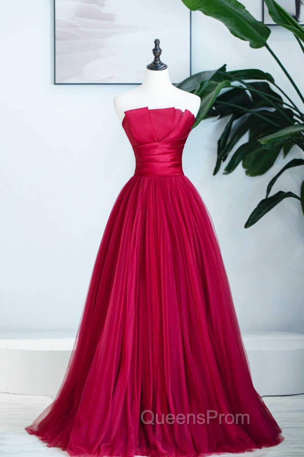 Burgundy Satin Tulle Long Evening Prom Dress, A-Line Strapless Evening Dress Main image