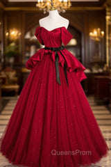 Burgundy Satin Tulle Long Evening Prom Dress, Off Shoulder Evening Dress