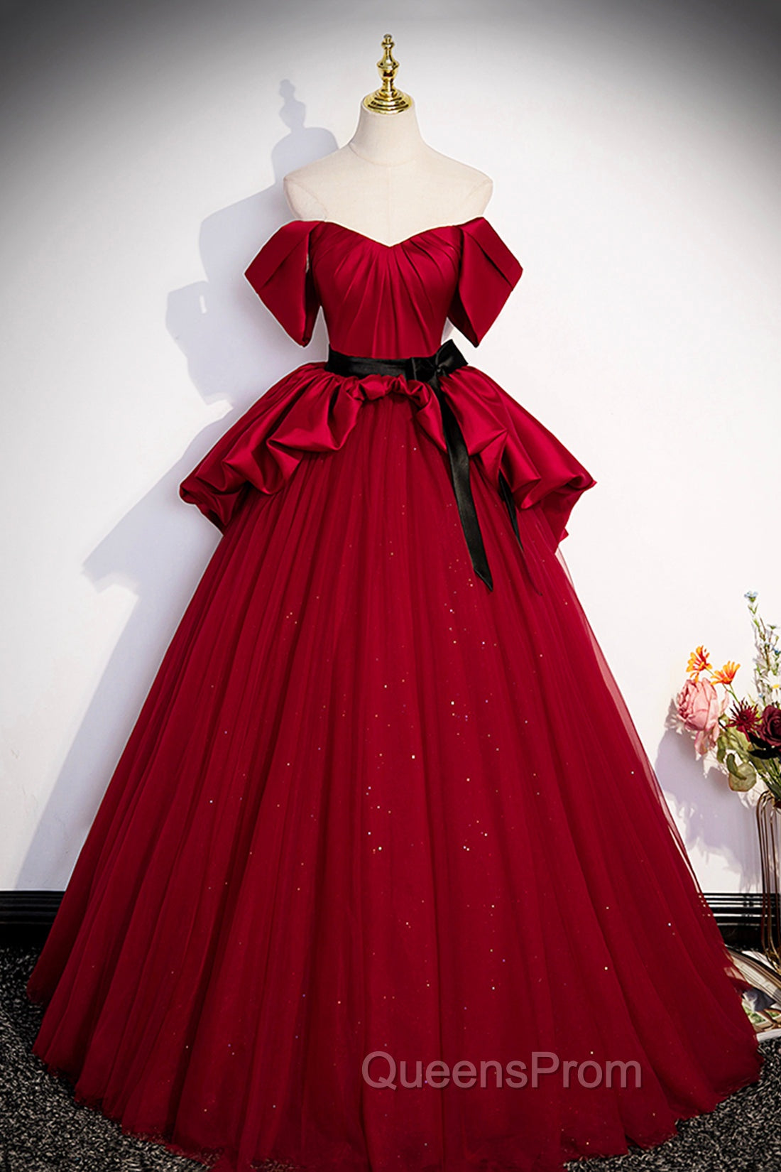 Burgundy Satin Tulle Long Evening Prom Dress, Off Shoulder Evening Dress Main image