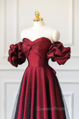Burgundy Satin Tulle Long Evening Prom Dress, Off Shoulder Evening Party Dress