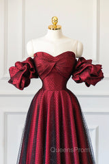 Burgundy Satin Tulle Long Evening Prom Dress, Off Shoulder Evening Party Dress