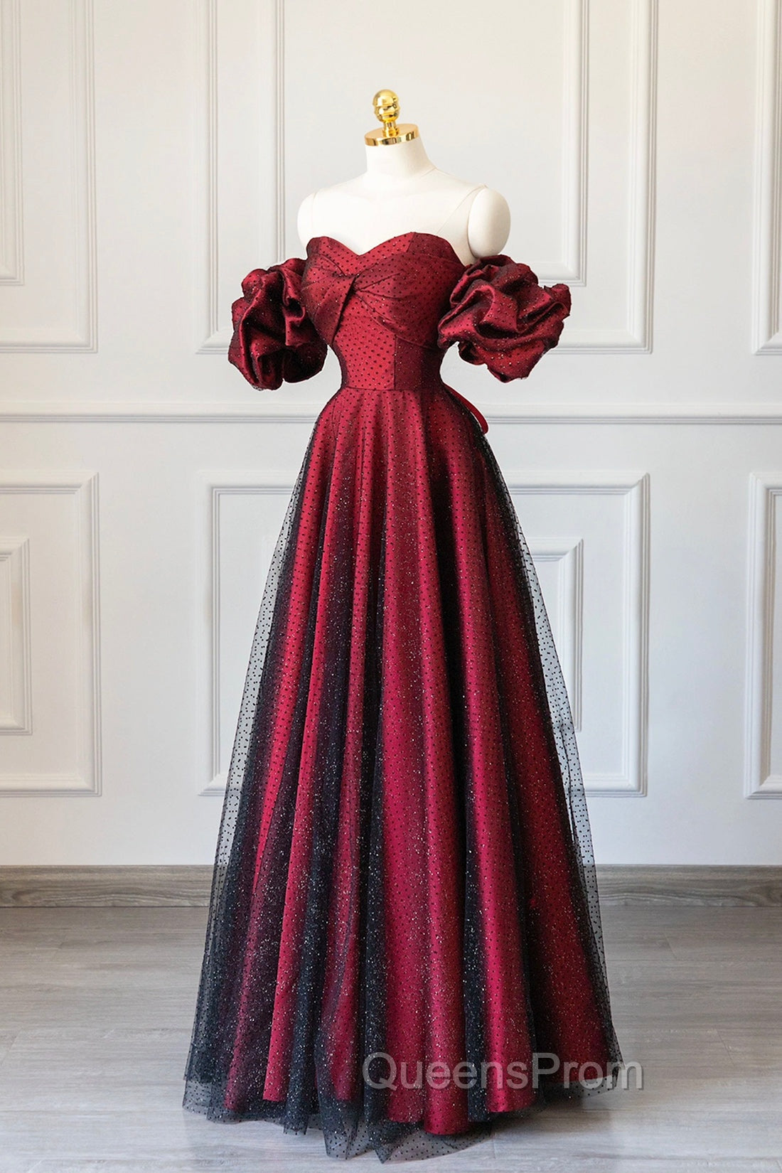 Burgundy Satin Tulle Long Evening Prom Dress, Off Shoulder Evening Party Dress Main image