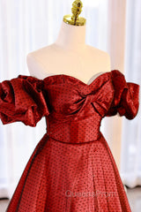 Burgundy Satin Tulle Long Evening Prom Dress, Off the Shoulder Evening Party Dress