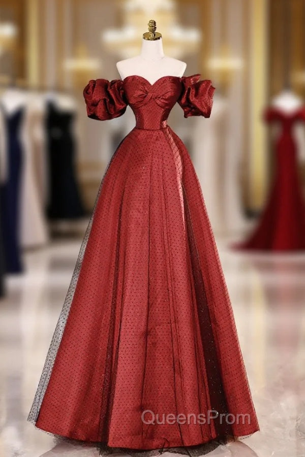 Burgundy Satin Tulle Long Evening Prom Dress, Off the Shoulder Evening Party Dress Main image