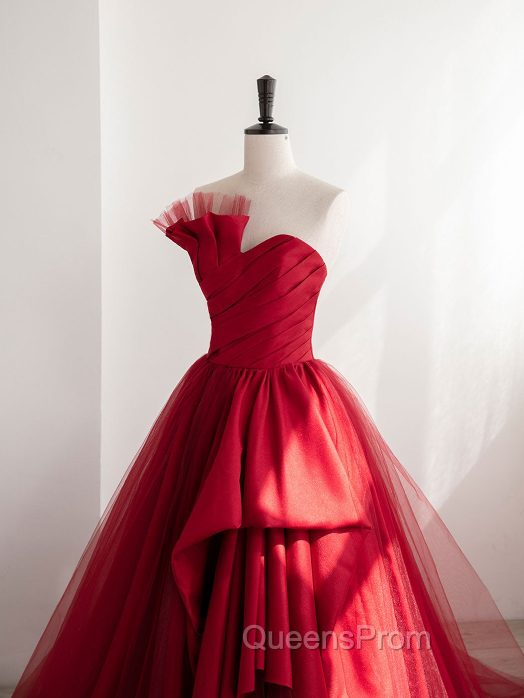 Burgundy Satin Tulle Long Evening Prom Dress, Burgundy Evening Dress Secondary image