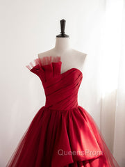Burgundy Satin Tulle Long Evening Prom Dress, Burgundy Evening Dress