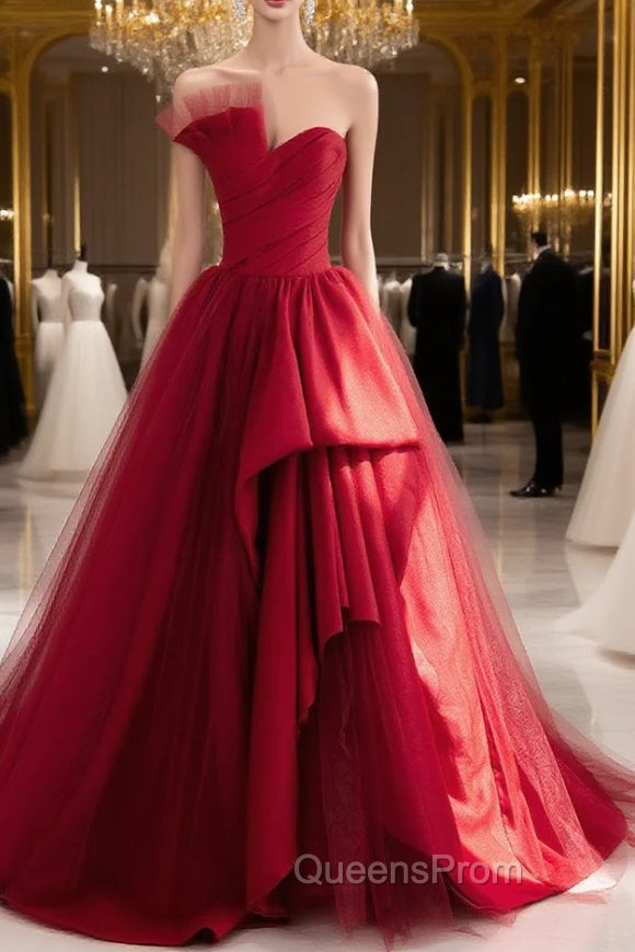 Burgundy Satin Tulle Long Evening Prom Dress, Burgundy Evening Dress