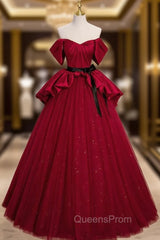 Burgundy Satin Tulle Off the Shoulder Evening Prom Dress