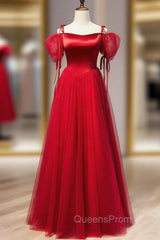 Burgundy Satin Tulle Spaghetti Straps Evening Prom Dress