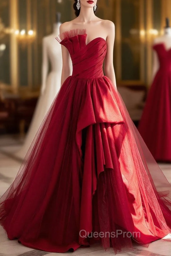 Burgundy Satin Tulle Strapless Pleats Evening Prom Dress