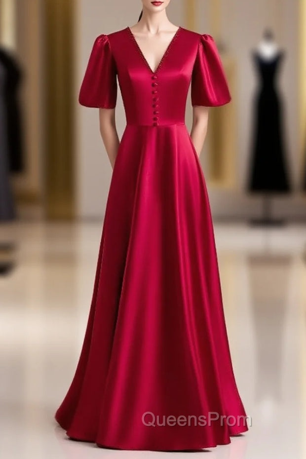 Burgundy Satin V-neck Backless Short Sleeve Evening Prom Dress