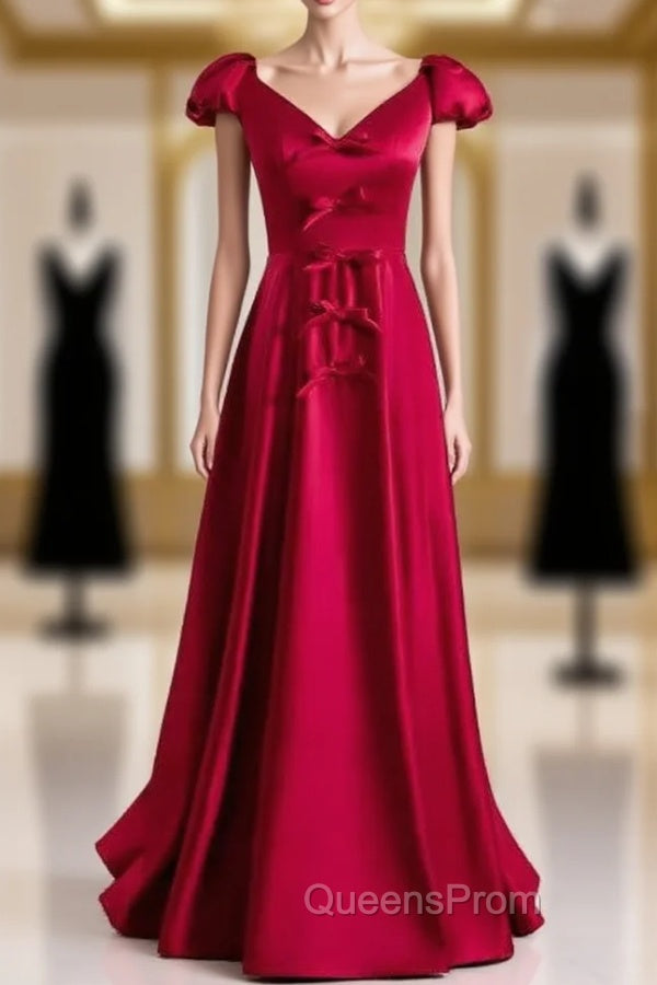 Burgundy Satin V-neck Cap Sleeve Bow Evening Prom Dress Main image