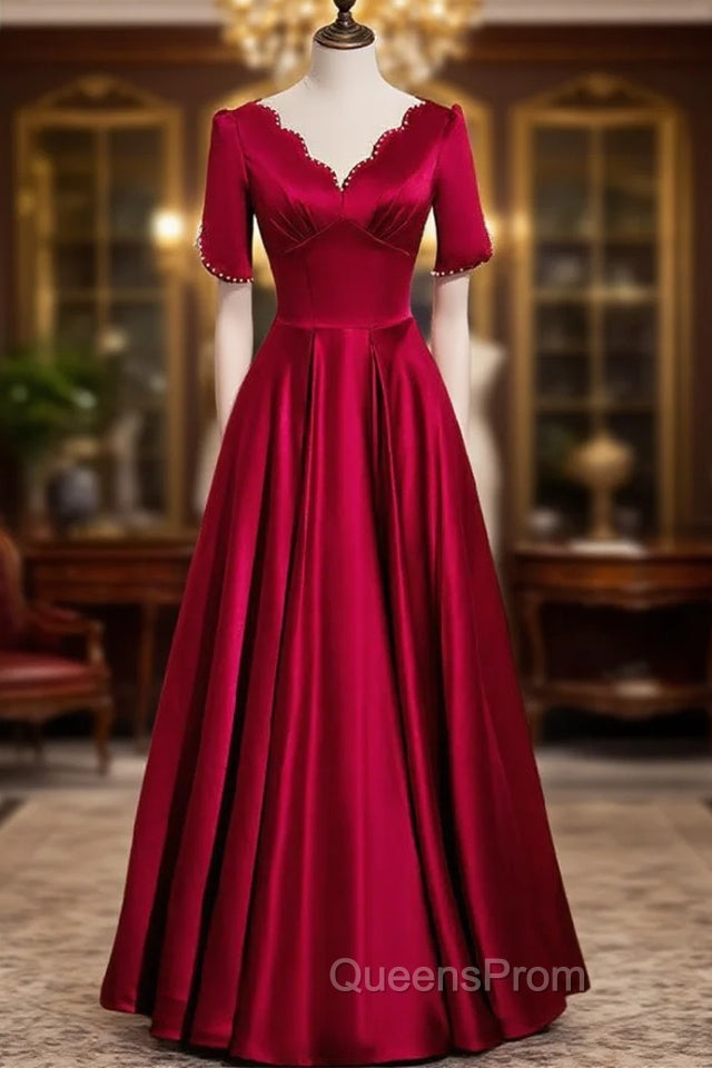 Burgundy Satin V-neck Pearls Evening Prom Dress