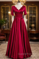 Burgundy Satin V-neck Pearls Evening Prom Dress