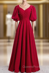 Burgundy Satin V-neck Puff Sleeve Pleats Evening Prom Dress