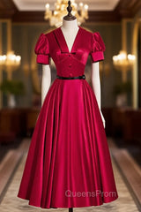 Burgundy Satin V-neck Puff Sleeve Evening Prom Dress