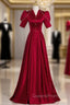 Burgundy Satin V-neck Short Sleeve Pearls Evening Prom Dress