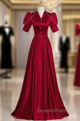 Burgundy Satin V-neck Short Sleeve Pearls Evening Prom Dress