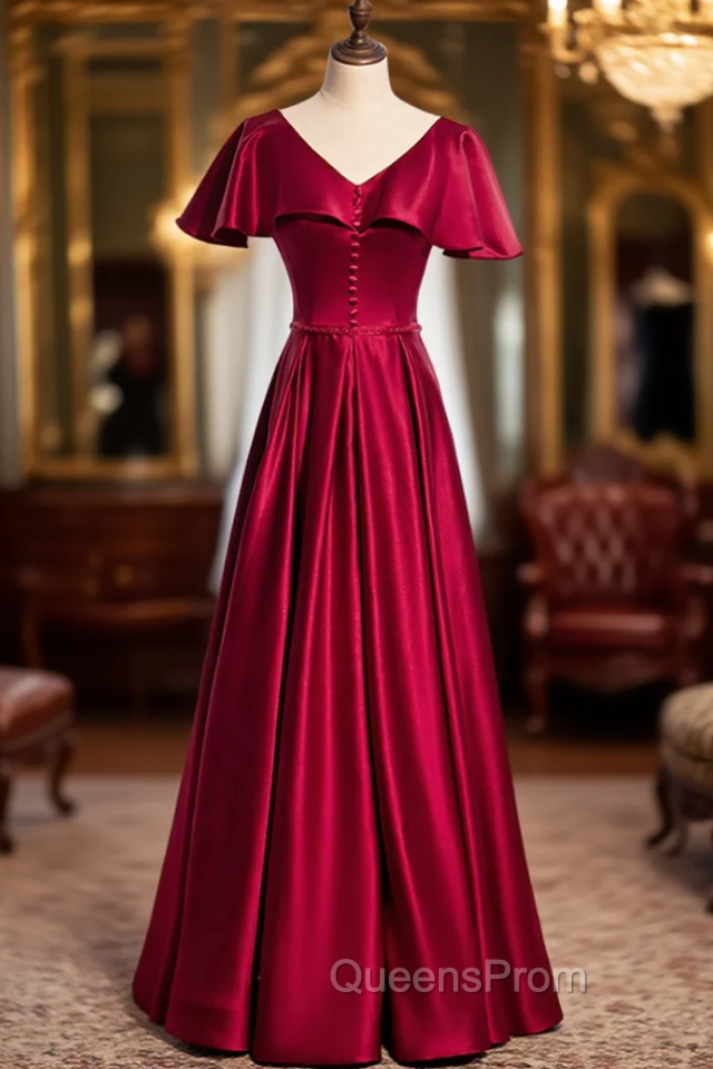 Burgundy Satin V-neck Short Sleeve Evening Prom Dress Main image