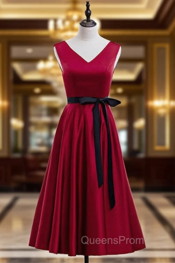 Burgundy Satin V-neck Tea Length Evening Prom Dress With Sash Main image