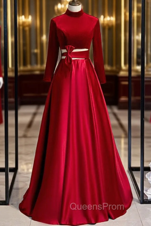 Burgundy Satin Velvet Long Sleeve Cut Out Evening Prom Dress