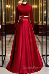 Burgundy Satin Velvet Long Sleeve Cut Out Evening Prom Dress