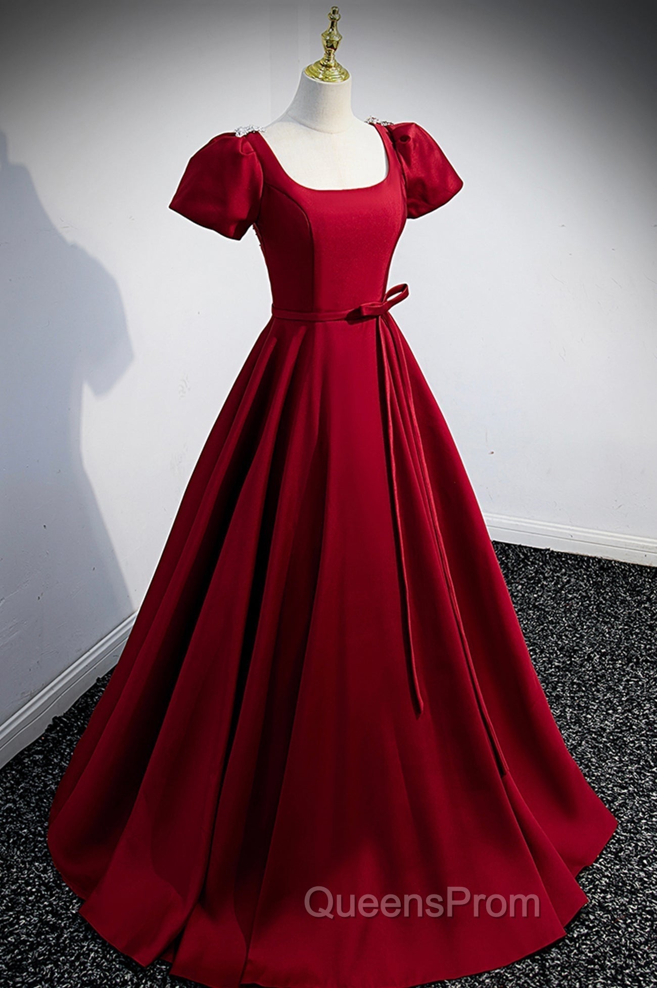 Burgundy Scoop Neckline Satin Long Evening Prom Dress, Short Sleeve Evening Dress Secondary image