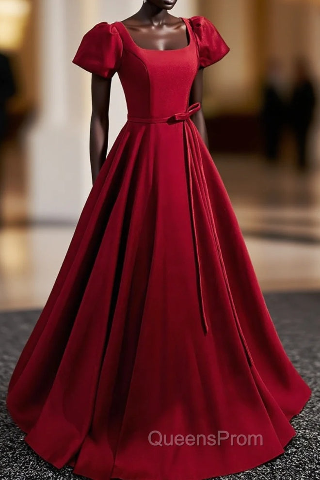 Burgundy Scoop Neckline Satin Long Evening Prom Dress, Short Sleeve Evening Dress