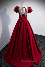Burgundy Scoop Neckline Satin Long Evening Prom Dress, Short Sleeve Evening Dress