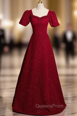 Burgundy Sequare Puff Sleeve Evening Prom Dress