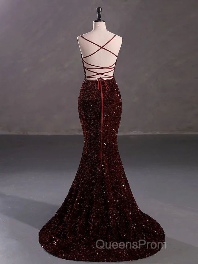 Burgundy Sequin Mermaid Backless Evening Prom Dress Long Evening Dress Secondary image