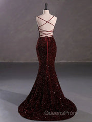 Burgundy Sequin Mermaid Backless Evening Prom Dress Long Evening Dress