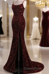 Burgundy Sequin Mermaid Backless Evening Prom Dress Long Evening Dress