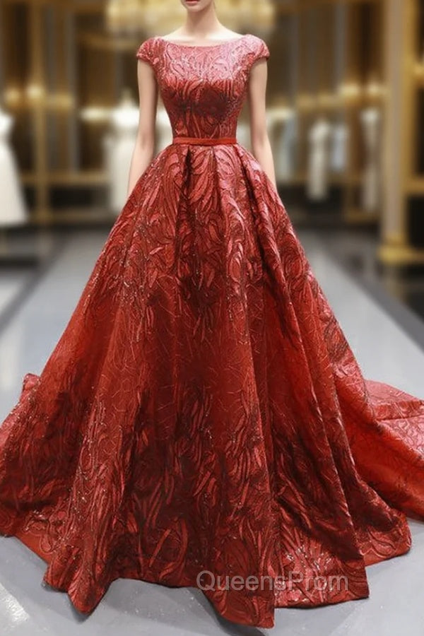 Burgundy Sequins Ball Gown Cap Sleeve Backless Evening Prom Dress Main image