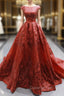 Burgundy Sequins Ball Gown Cap Sleeve Backless Evening Prom Dress