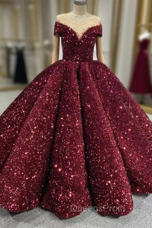 Burgundy Sequins Ball Gown Cap Sleeve Evening Prom Dress Main image