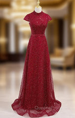 Burgundy Sequins High Cap Sleeve Evening Prom Dress